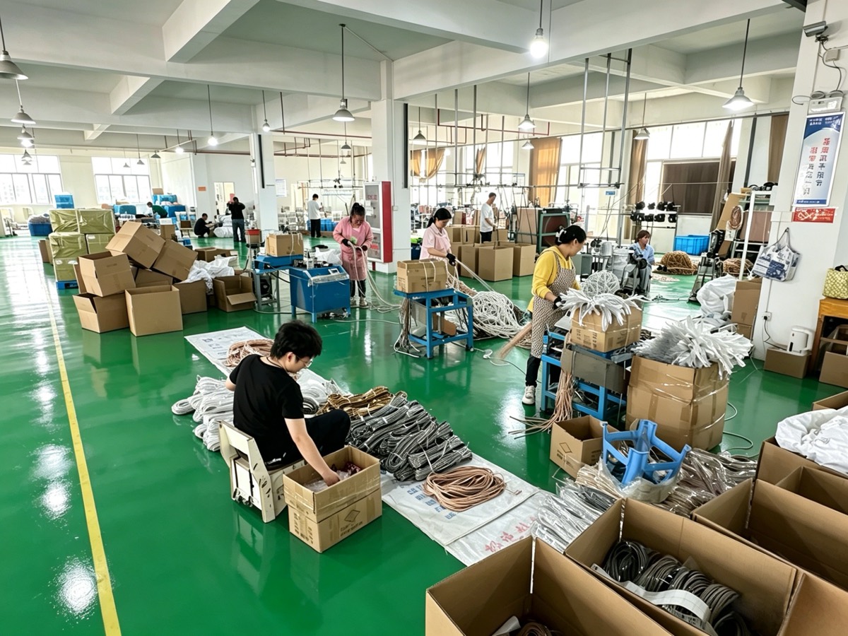 Braiding workshop floor at the Pujiang factory — rope lines in production across multiple stations