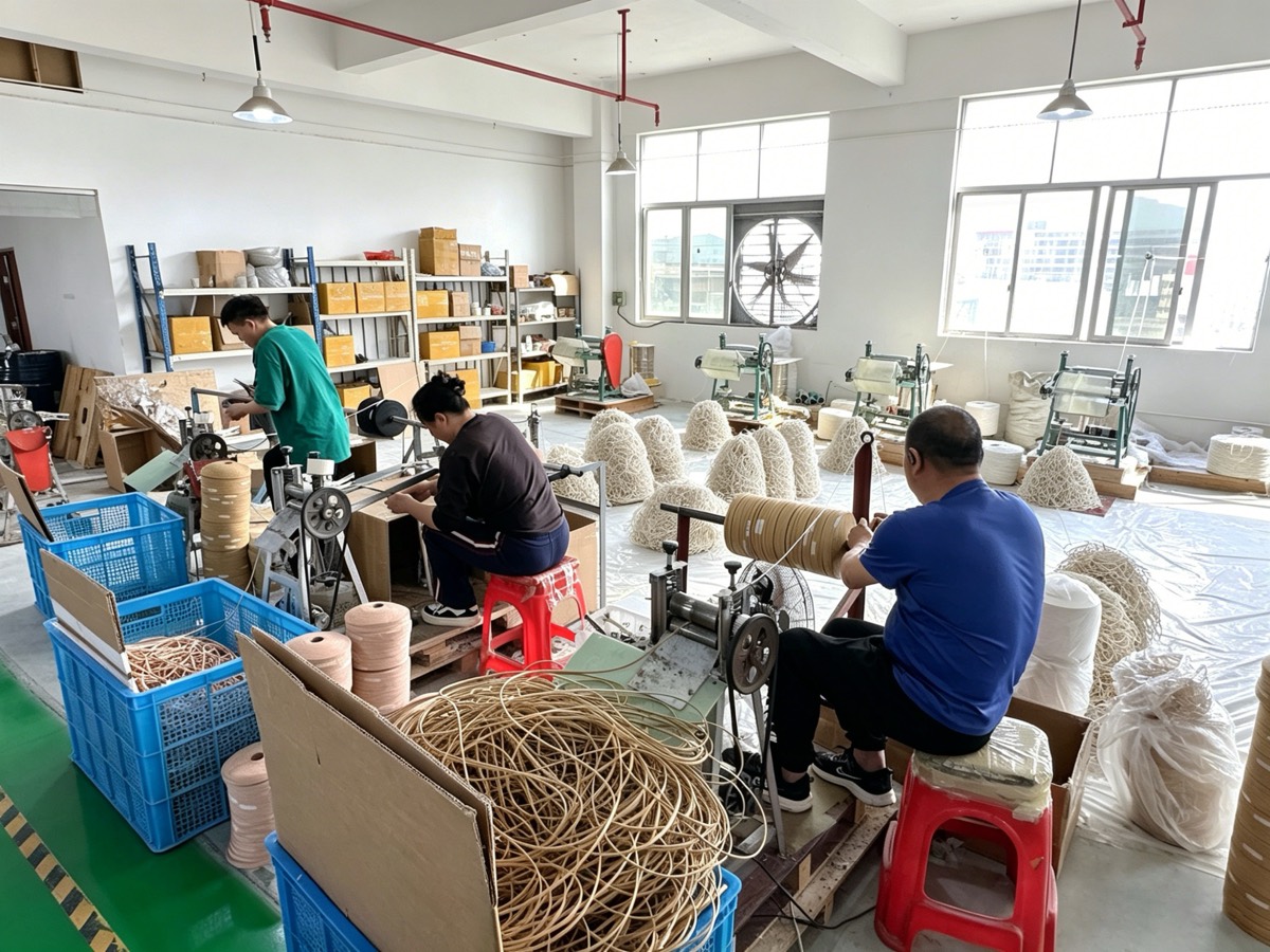 Winding and spooling stations at the Pujiang factory — rope and trim coiled onto reels