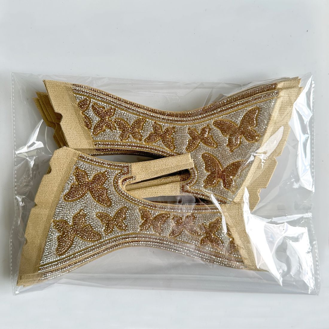 LOCACRYSTAL Shoe Upper gold butterfly motif vamp band in clear retail pouch, ready-to-ship pair packaging