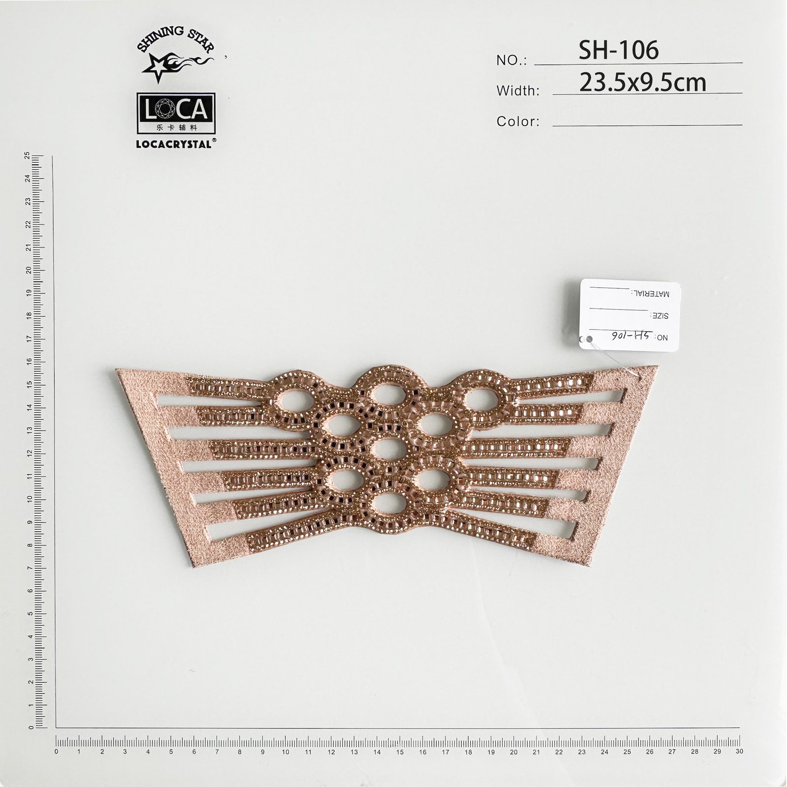 LOCACRYSTAL Shoe Upper SH-110 — gold heart triple-motif vamp band, rhinestone-paved embellishment on metallic gold fabric base